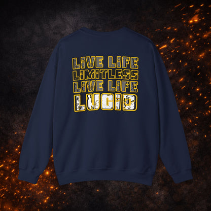 Back view of the navy blue "Live Life Limitless Live Life Lucid" Crewneck Sweatshirt featuring the bold gold text design.