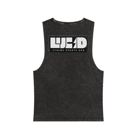 Black Stone Lucid Reality stonewash tank, block LUCID logo back graphic, flat