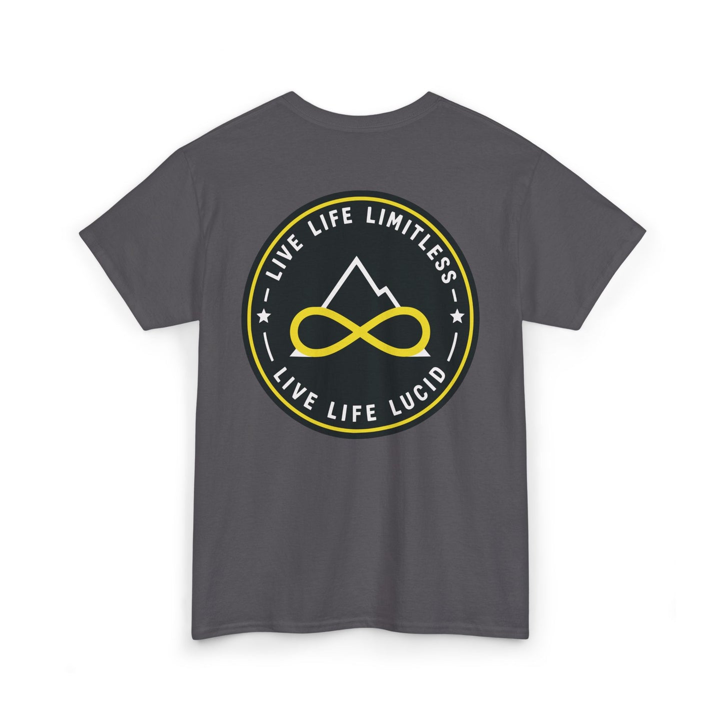 Dark Chocolate Live Life Limitless Badge Tee, back badge graphic, flat lay