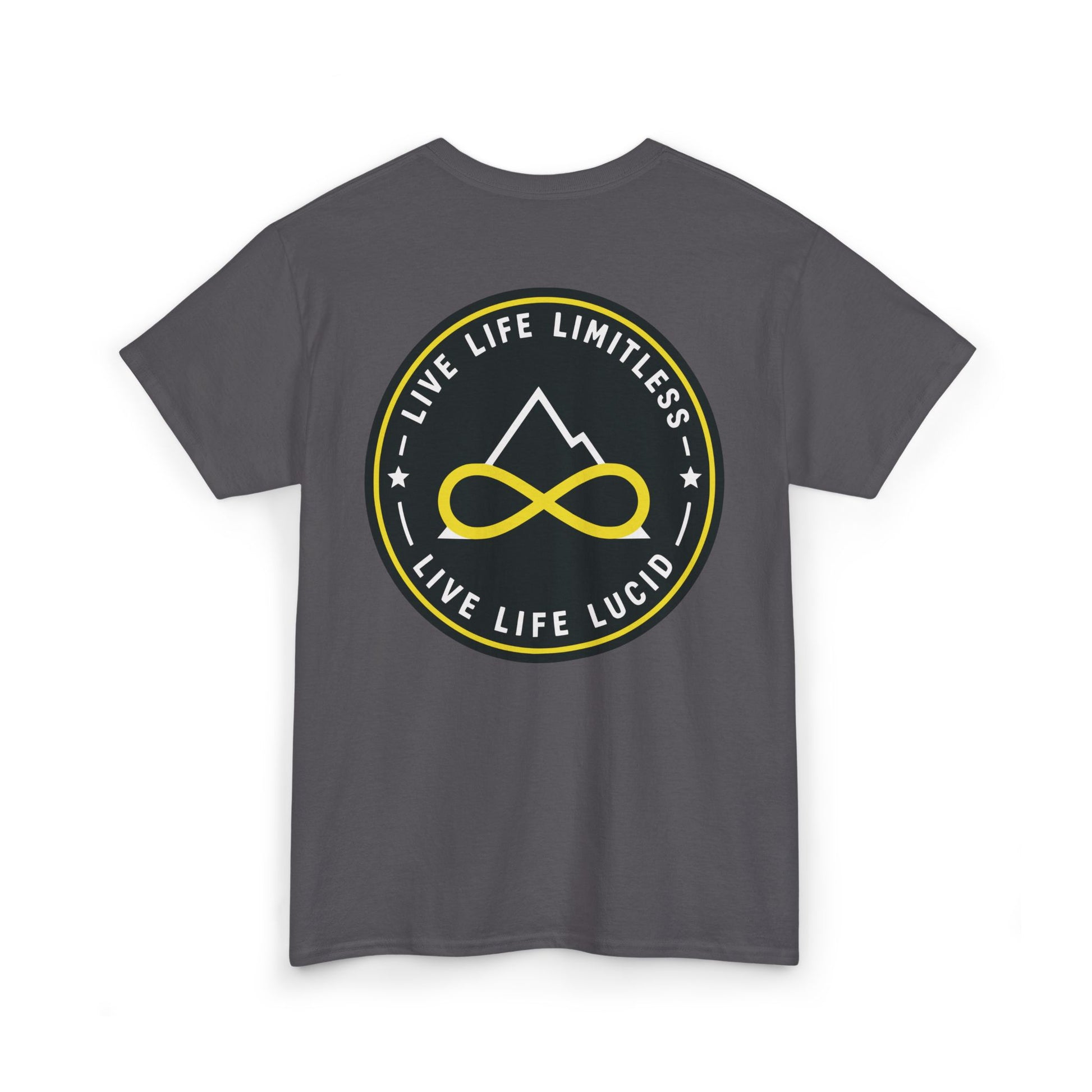 Dark Chocolate Live Life Limitless Badge Tee, back badge graphic, flat lay
