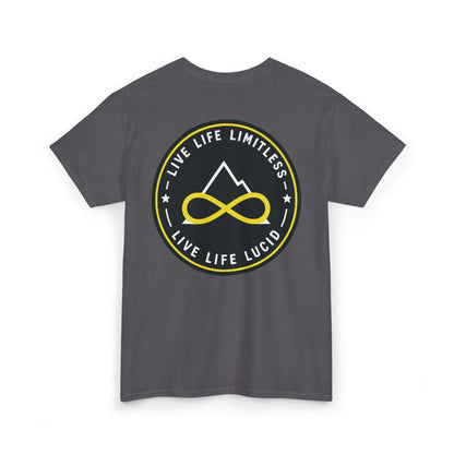Dark Chocolate Live Life Limitless Badge Tee, back badge graphic, flat lay