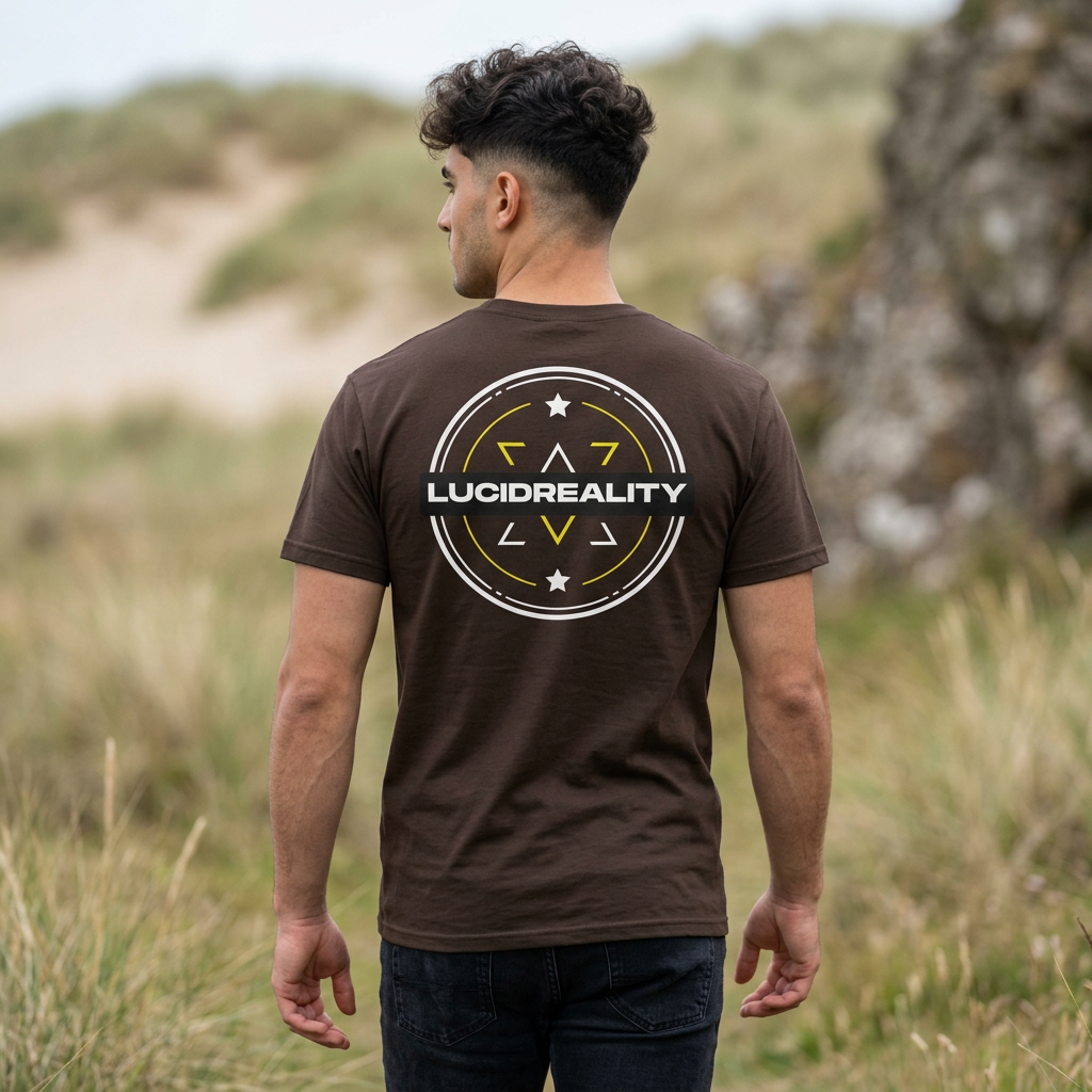Man wearing the brown Lucid Reality Logo Tee in a grassy dune setting, showing the large circular shield logo on the back.
