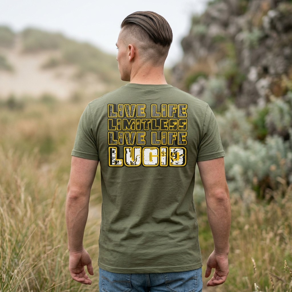 Man wearing the military green Lucid Reality "Live Life Limitless Live Life Lucid" Tee in a grassy outdoor setting, showing the gold lettering on the back.