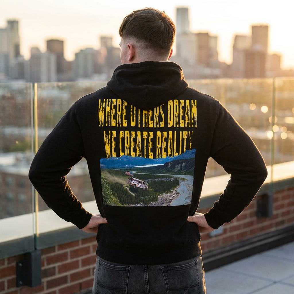 Man wearing the black Lucid Reality "Where Others Dream We Create Reality" Fleece Pullover Hoodie on a rooftop at sunset, showing the back design with cityscape graphic.