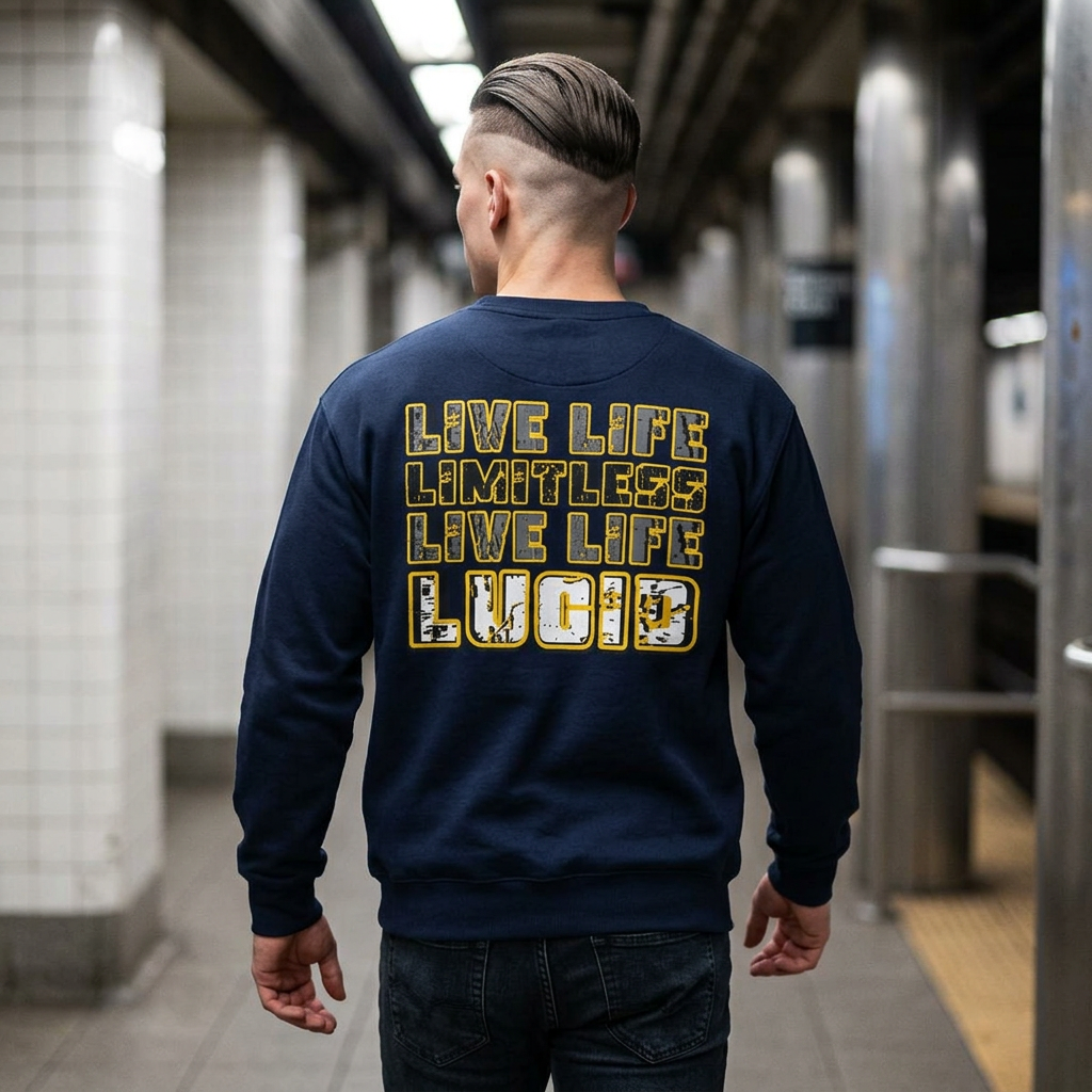 Man wearing the navy blue Lucid Reality "Live Life Limitless Live Life Lucid" Crewneck Sweatshirt in a subway station, showing the gold lettering on the back.