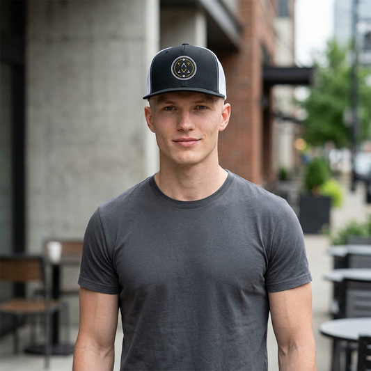 Man wearing the navy blue Lucid Reality Embroidered Logo Trucker Cap in an urban street setting, featuring the circular shield logo on the front.