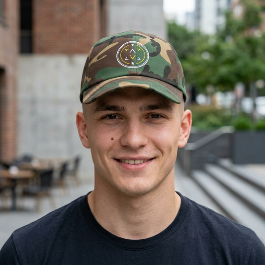 Man wearing the camo Lucid Reality Embroidered Logo Dad Cap in an urban outdoor setting, featuring the embroidered circular shield logo on the front.