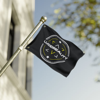 Black Lucid Reality flag waving on a flagpole outdoors, featuring the white and yellow circular shield logo with "LUCID REALITY" text