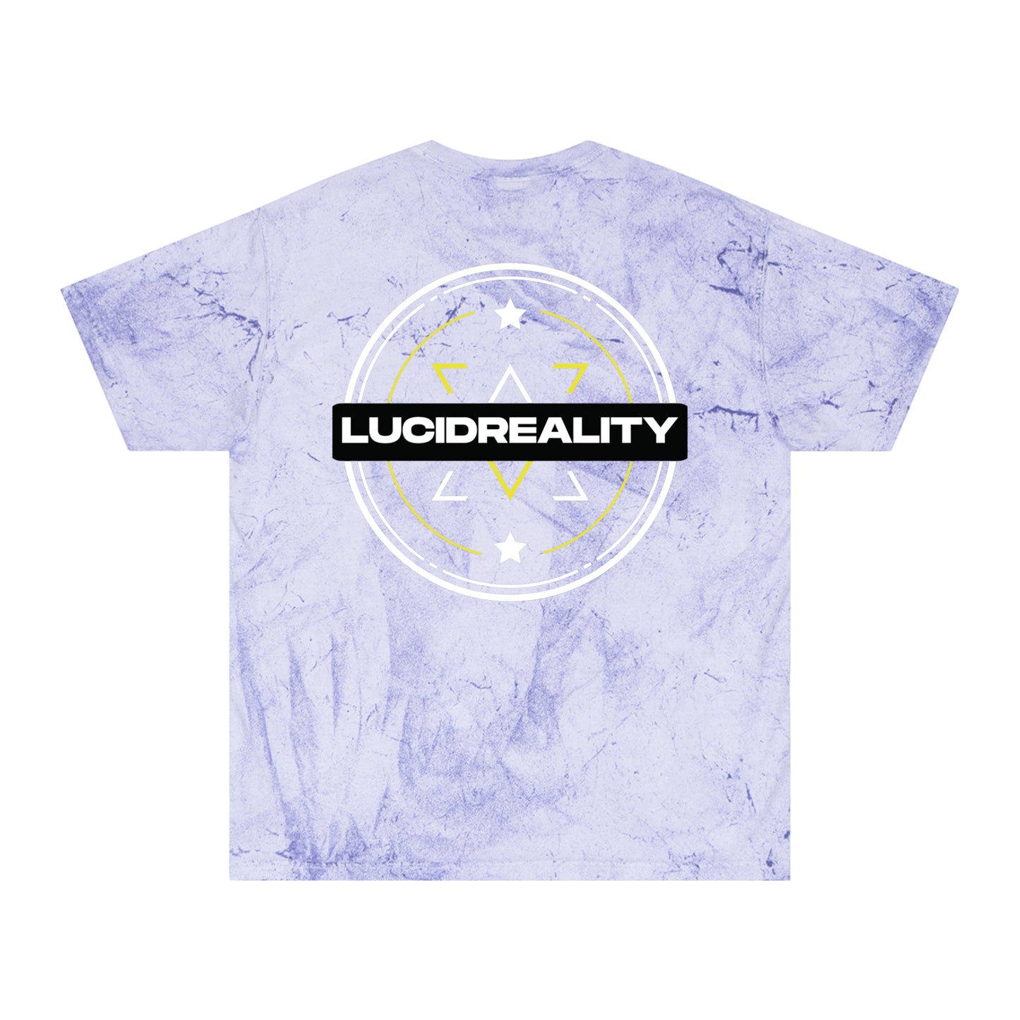 Amethyst Color Blast tee, marbled purple, circular emblem back graphic, flat