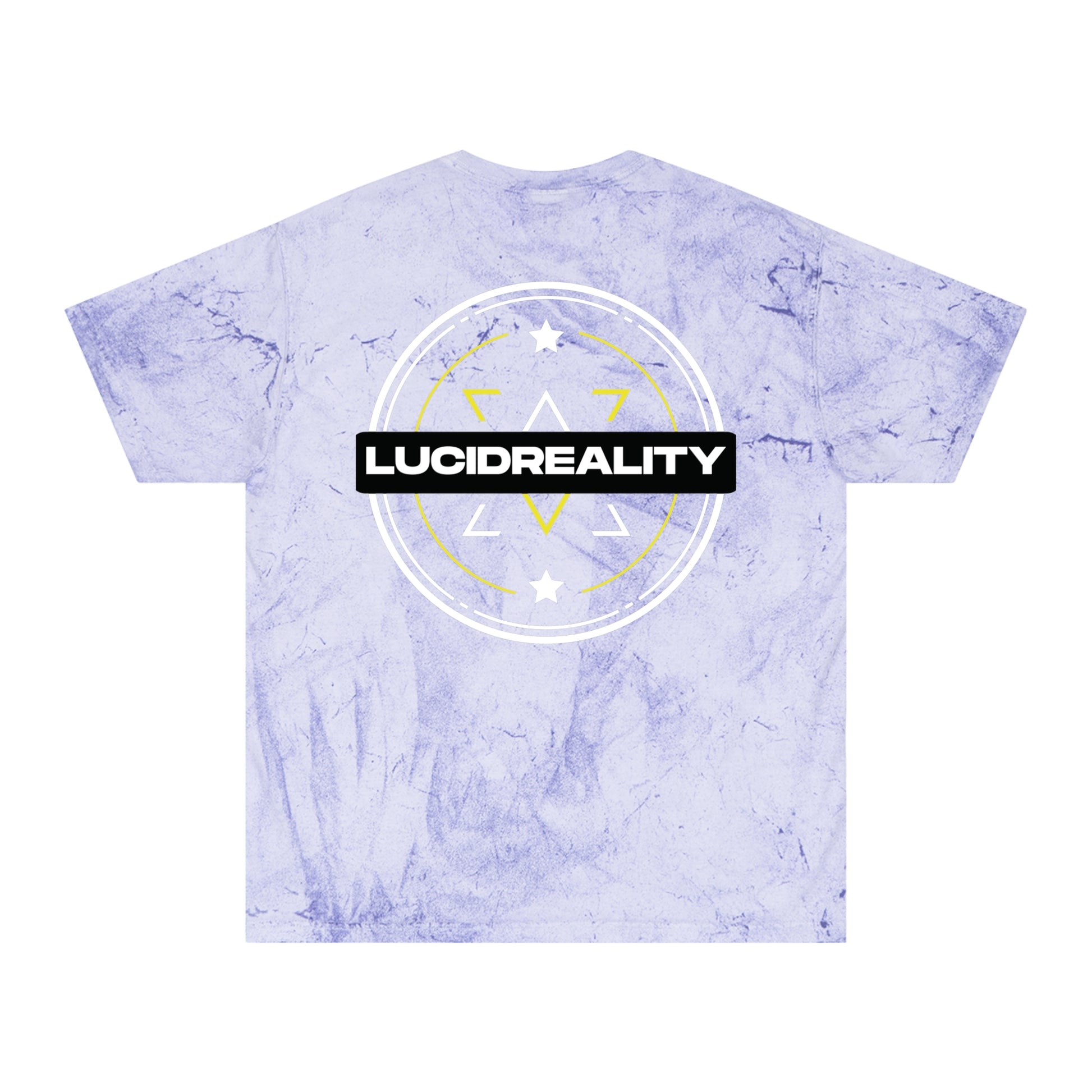 Amethyst Color Blast tee, marbled purple, circular emblem back graphic, flat