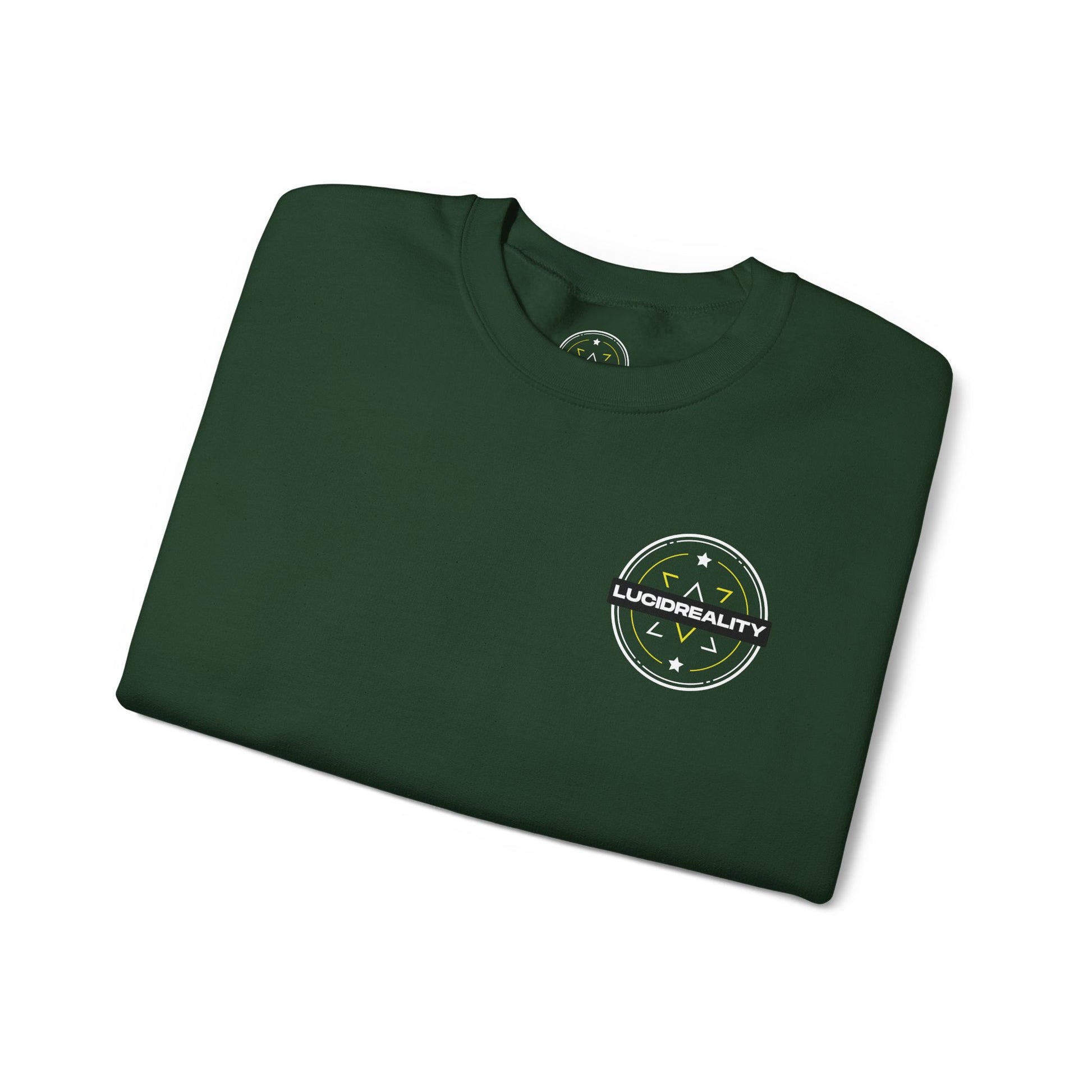 Forest Green Logo Crewneck, folded with Lucid Reality logo, flat lay