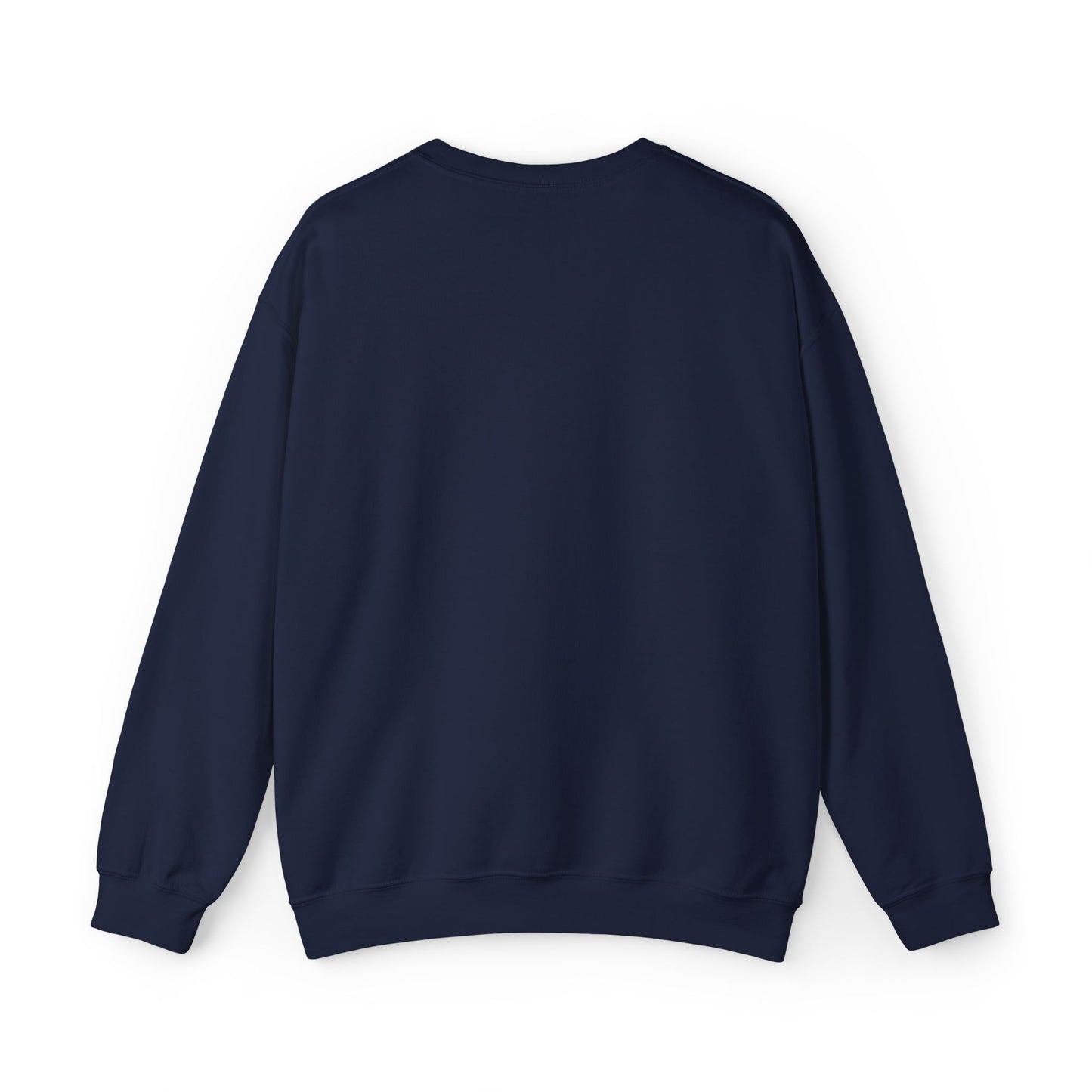 Navy custom Lucid Reality crewneck, blank back view, flat