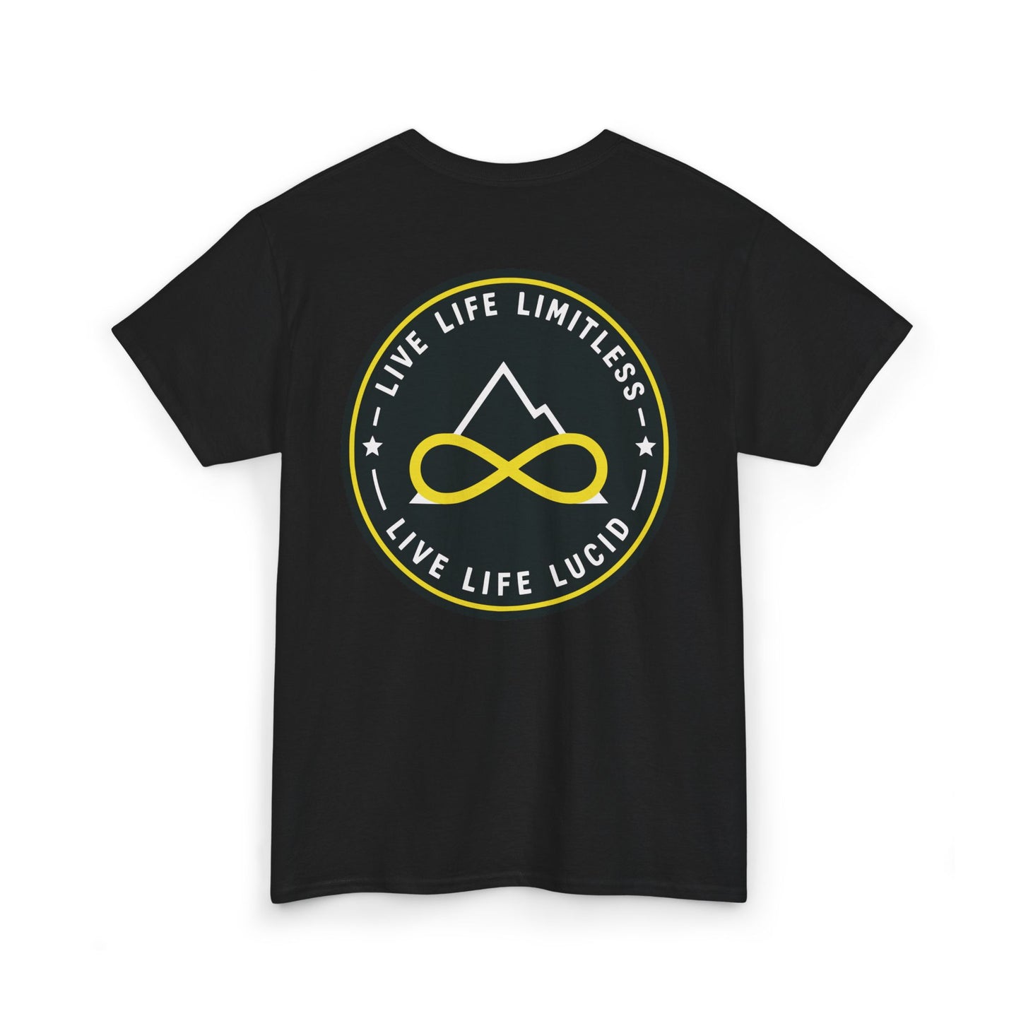 Charcoal Live Life Limitless Badge Tee, back badge graphic, flat lay