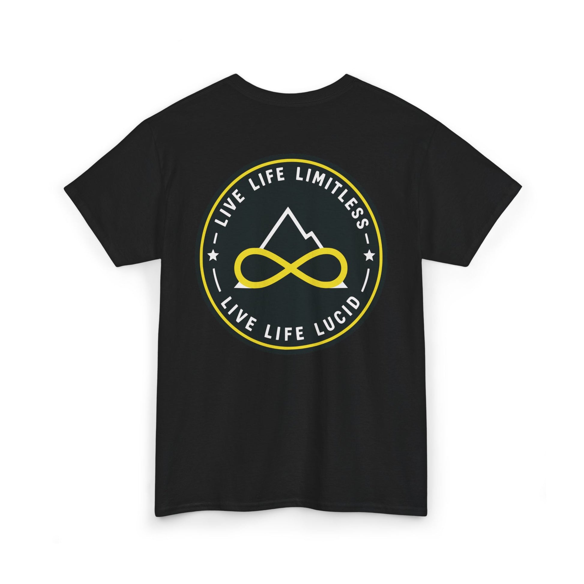 Charcoal Live Life Limitless Badge Tee, back badge graphic, flat lay