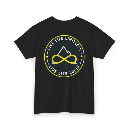 Charcoal Live Life Limitless Badge Tee, back badge graphic, flat lay