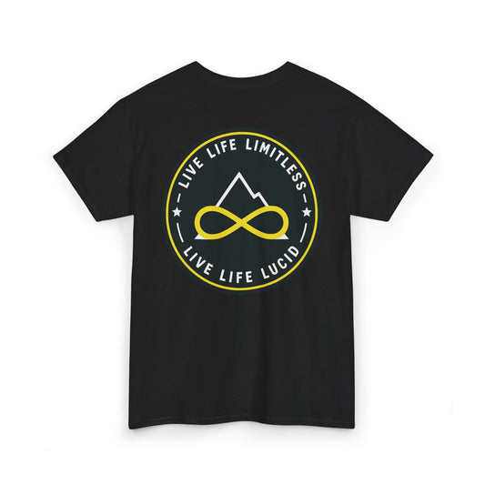 Charcoal Live Life Limitless Badge Tee, back badge graphic, flat lay