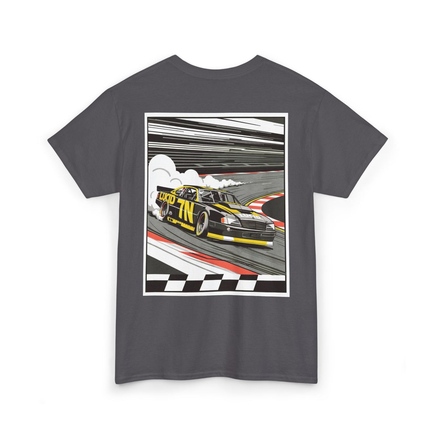 Dark Chocolate Pro Stock Racing Tee, back Pro Stock car graphic, flat lay