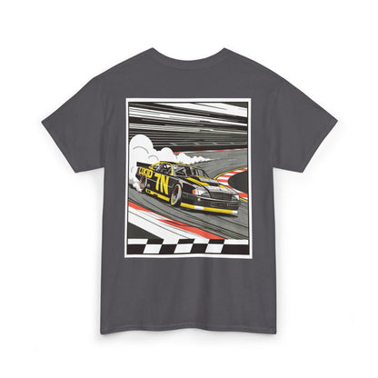 Dark Chocolate Pro Stock Racing Tee, back Pro Stock car graphic, flat lay
