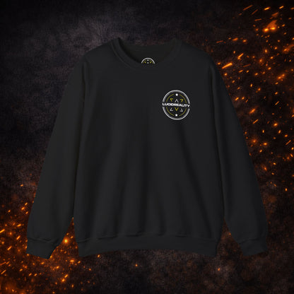 Front view of the black Lucid Reality Crewneck Sweatshirt featuring the small circular chest logo.