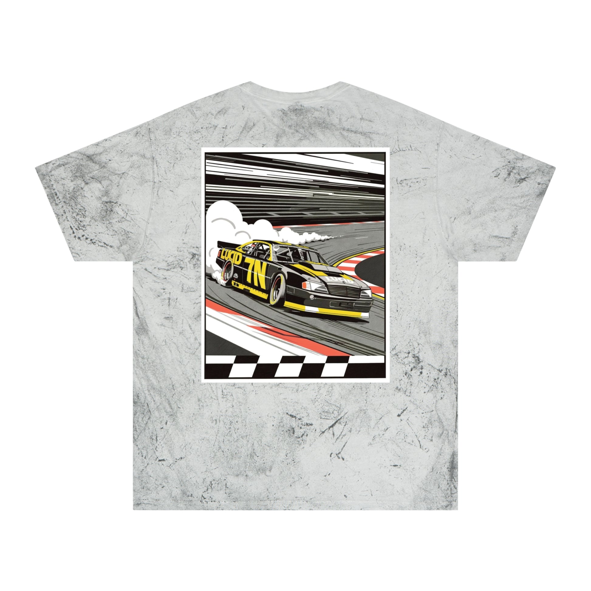 Amethyst Color Blast tee, marbled purple, back Pro Stock car graphic, flat