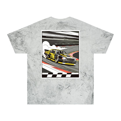 Amethyst Color Blast tee, marbled purple, back Pro Stock car graphic, flat