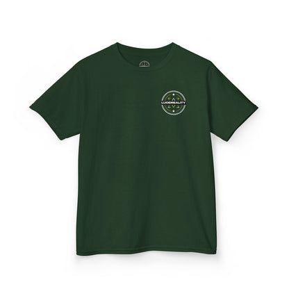 Forest Green Emblem Kids Tee, front circular emblem, flat lay