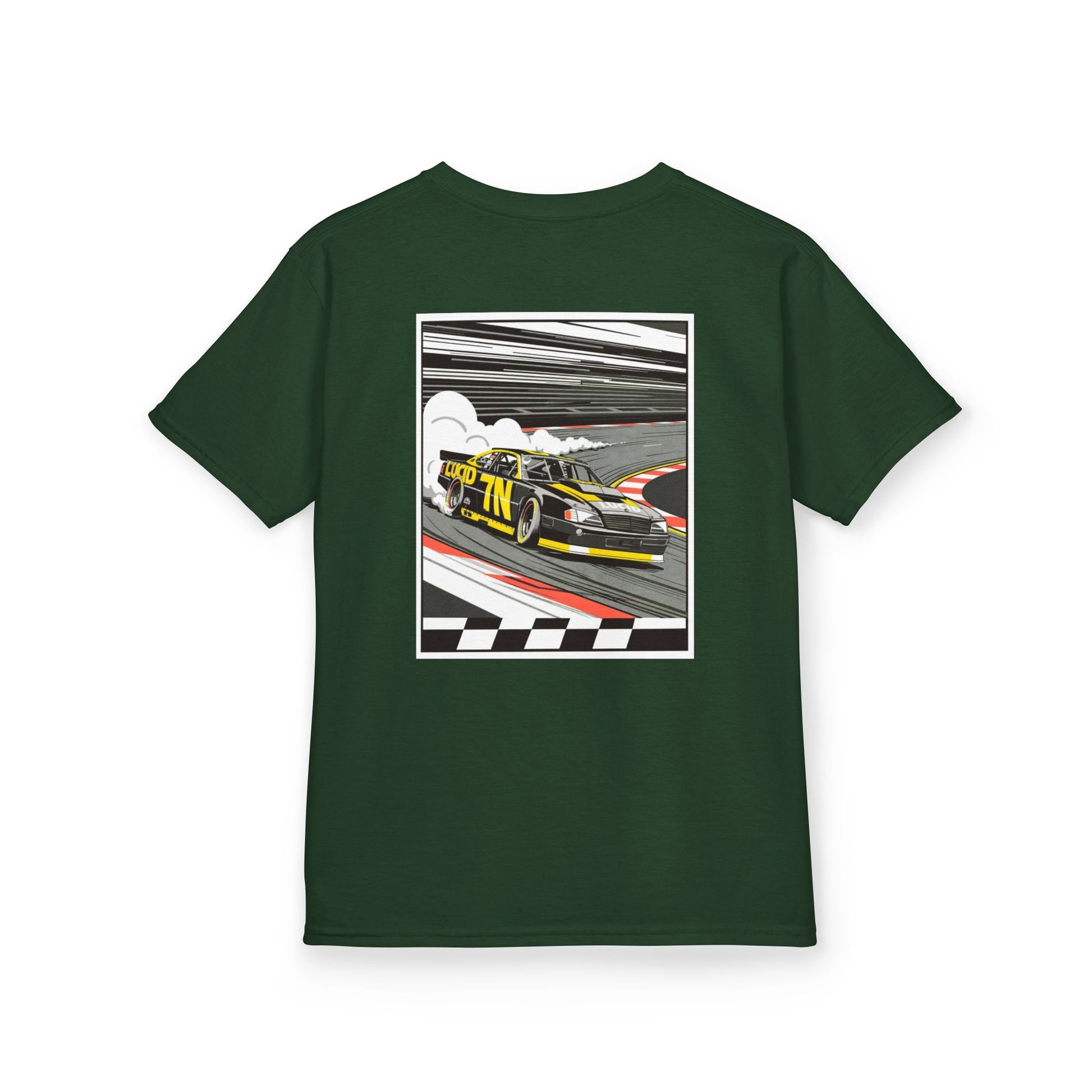 Forest Green Pro Stock Racing Kids Tee, back Pro Stock car graphic, flat lay