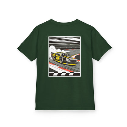 Forest Green Pro Stock Racing Kids Tee, back Pro Stock car graphic, flat lay