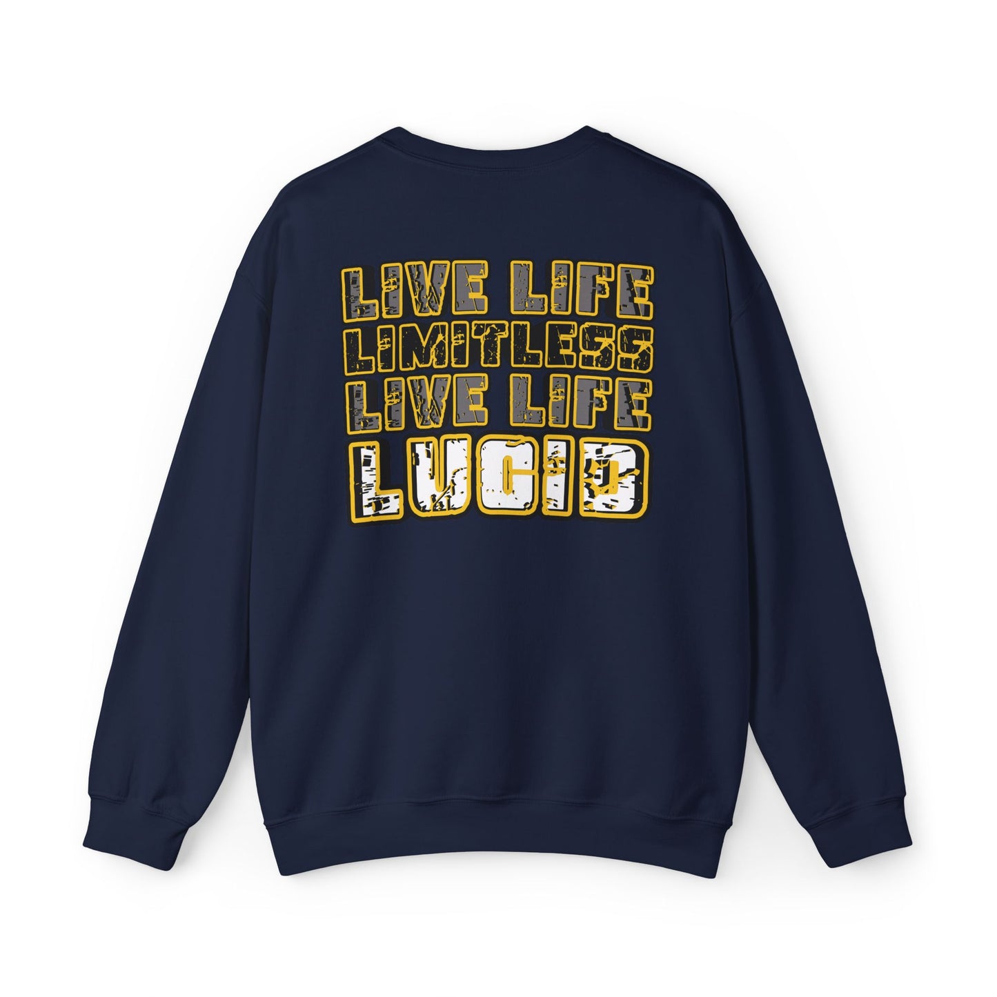 Navy Live Life Limitless crewneck, back graphic, flat