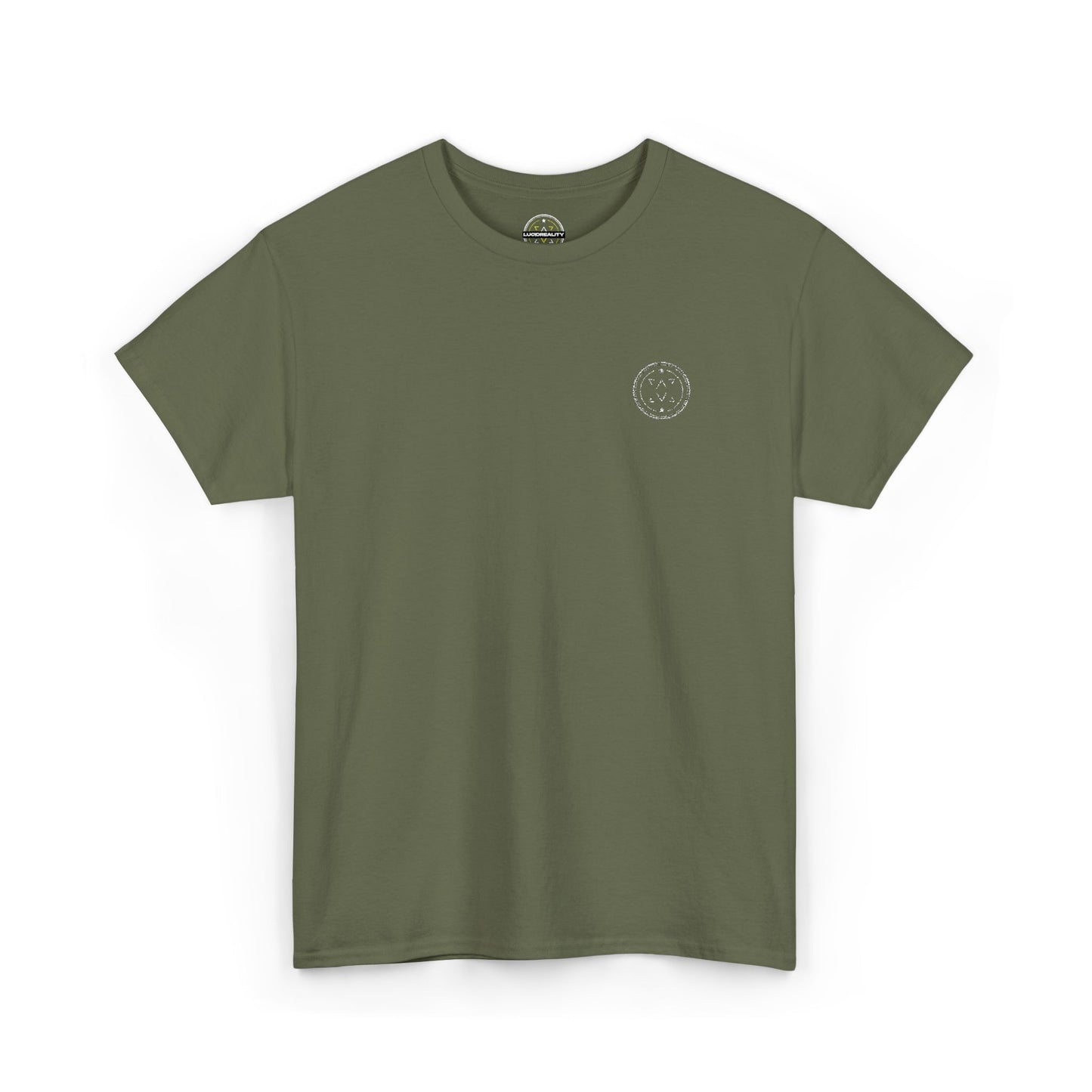 Front product mockup of the Lucid Reality Minimalist Embroidered Logo Tee