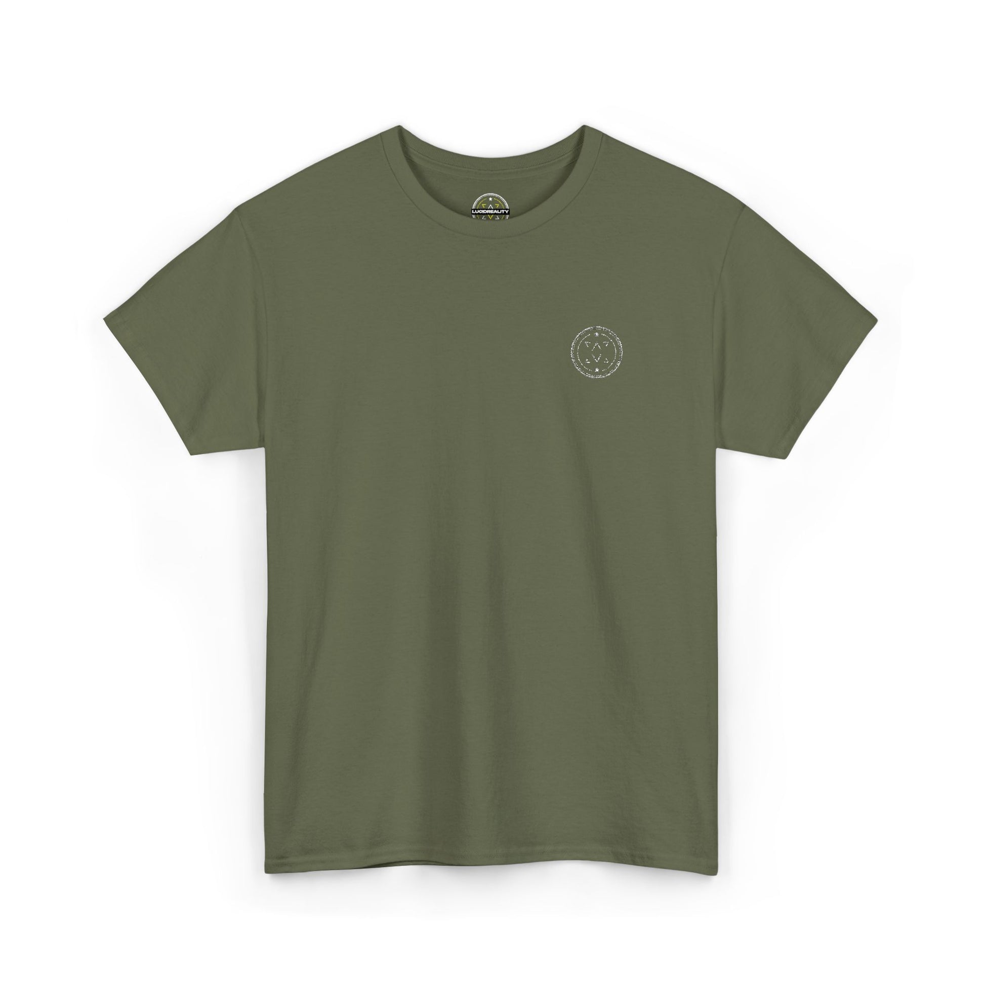 Front product mockup of the Lucid Reality Minimalist Embroidered Logo Tee
