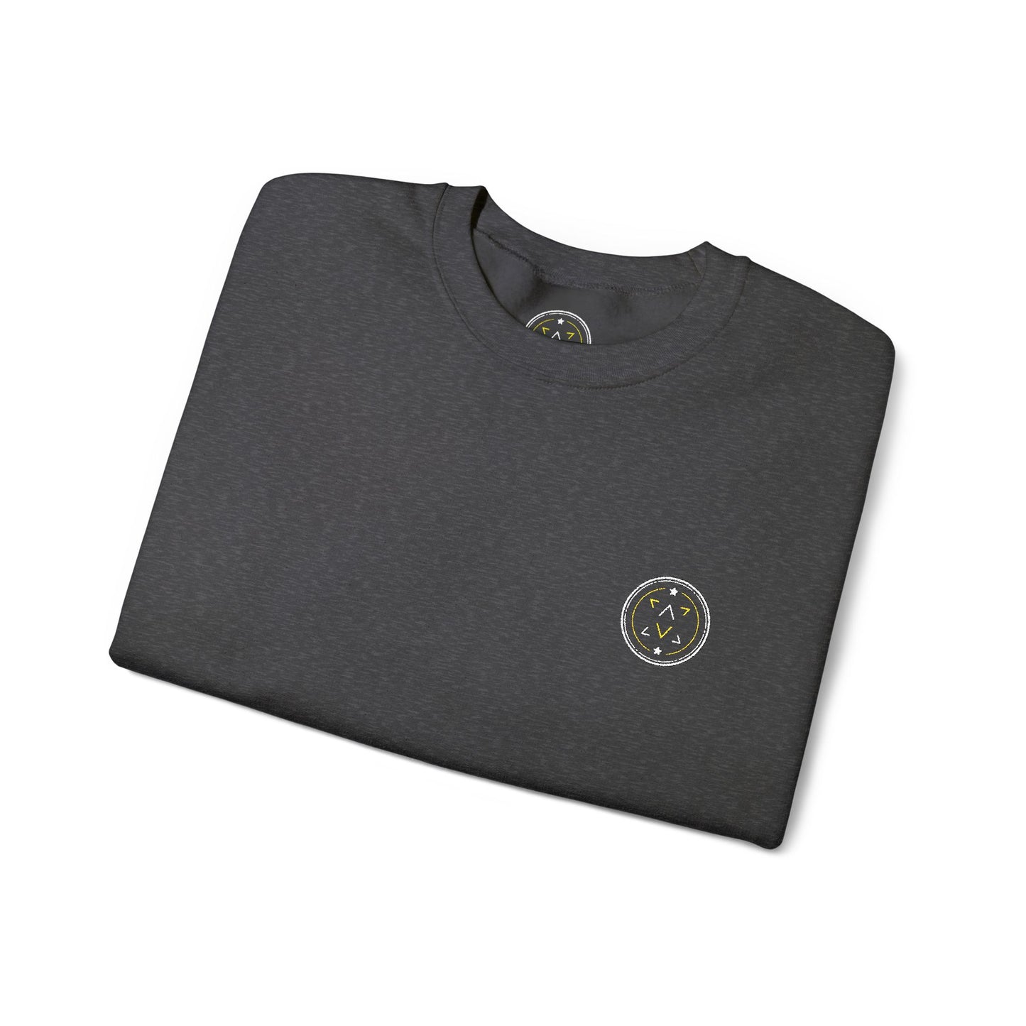 Lifestyle photo of the Lucid Reality Minimalist Embroidered Logo Crewneck – White & Gold