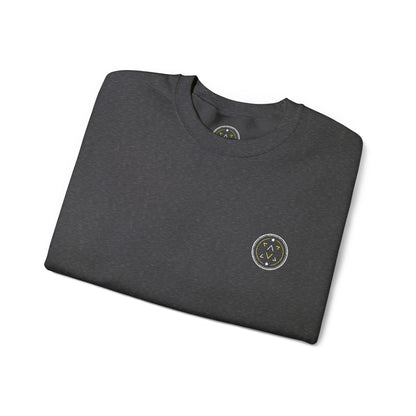 Lifestyle photo of the Lucid Reality Minimalist Embroidered Logo Crewneck – White & Gold