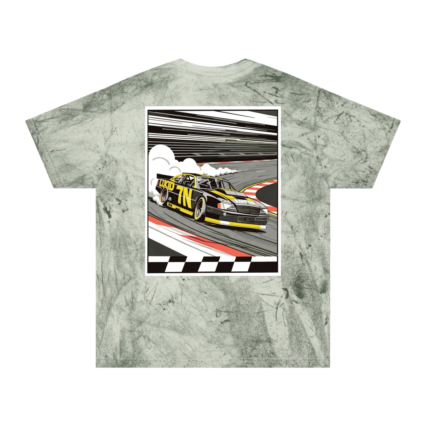 Ocean Color Blast tee, marbled blue, back Pro Stock car graphic, flat