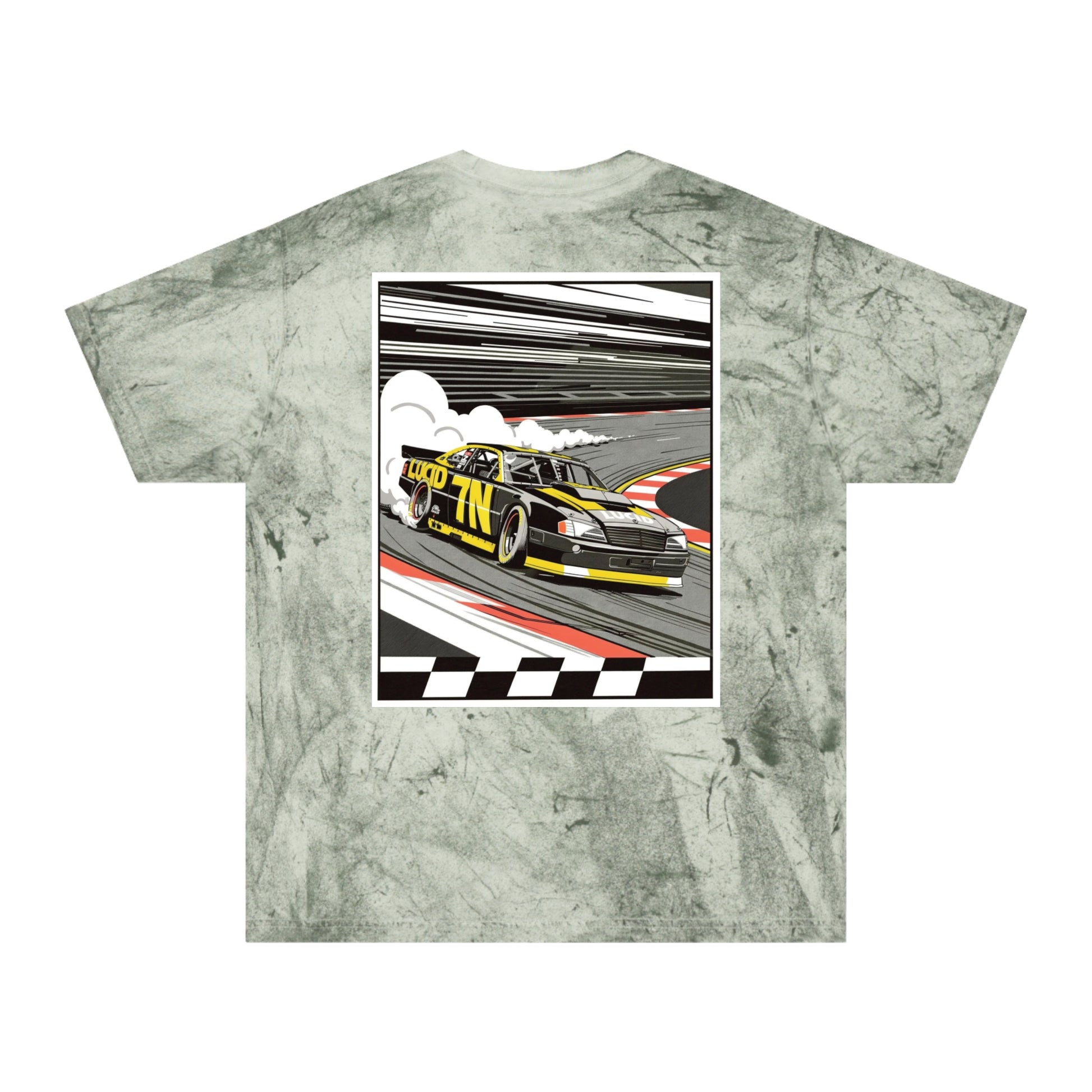 Ocean Color Blast tee, marbled blue, back Pro Stock car graphic, flat