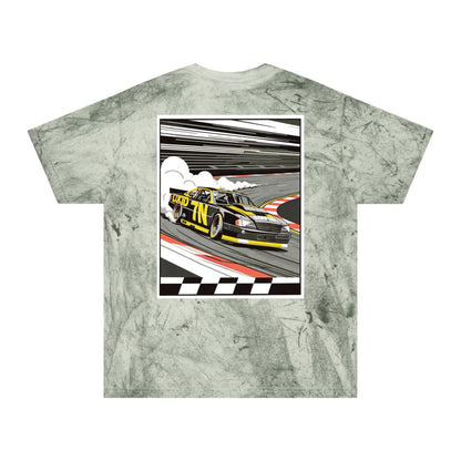 Ocean Color Blast tee, marbled blue, back Pro Stock car graphic, flat