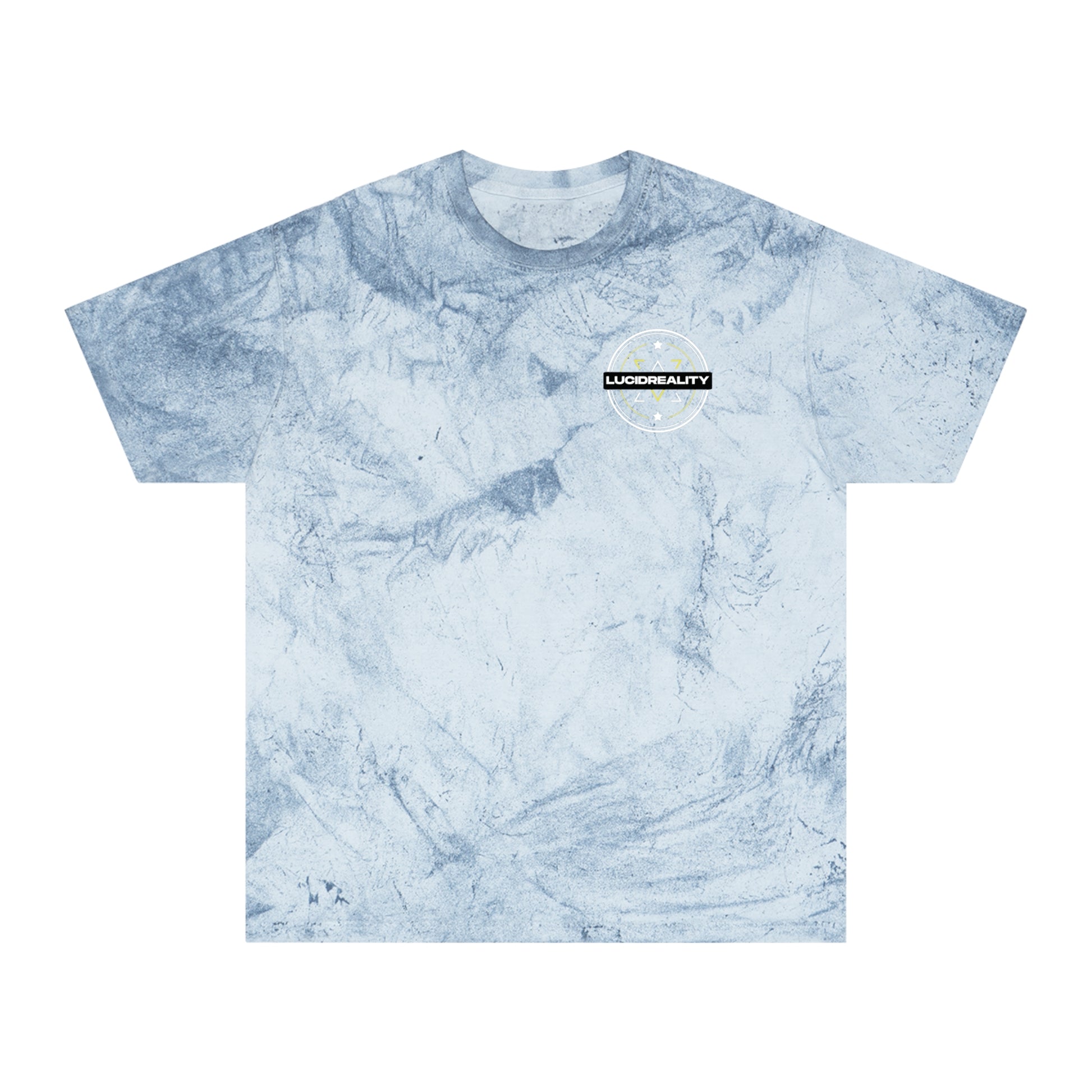 Ocean Color Blast tee, marbled blue, front Lucid Reality emblem, flat