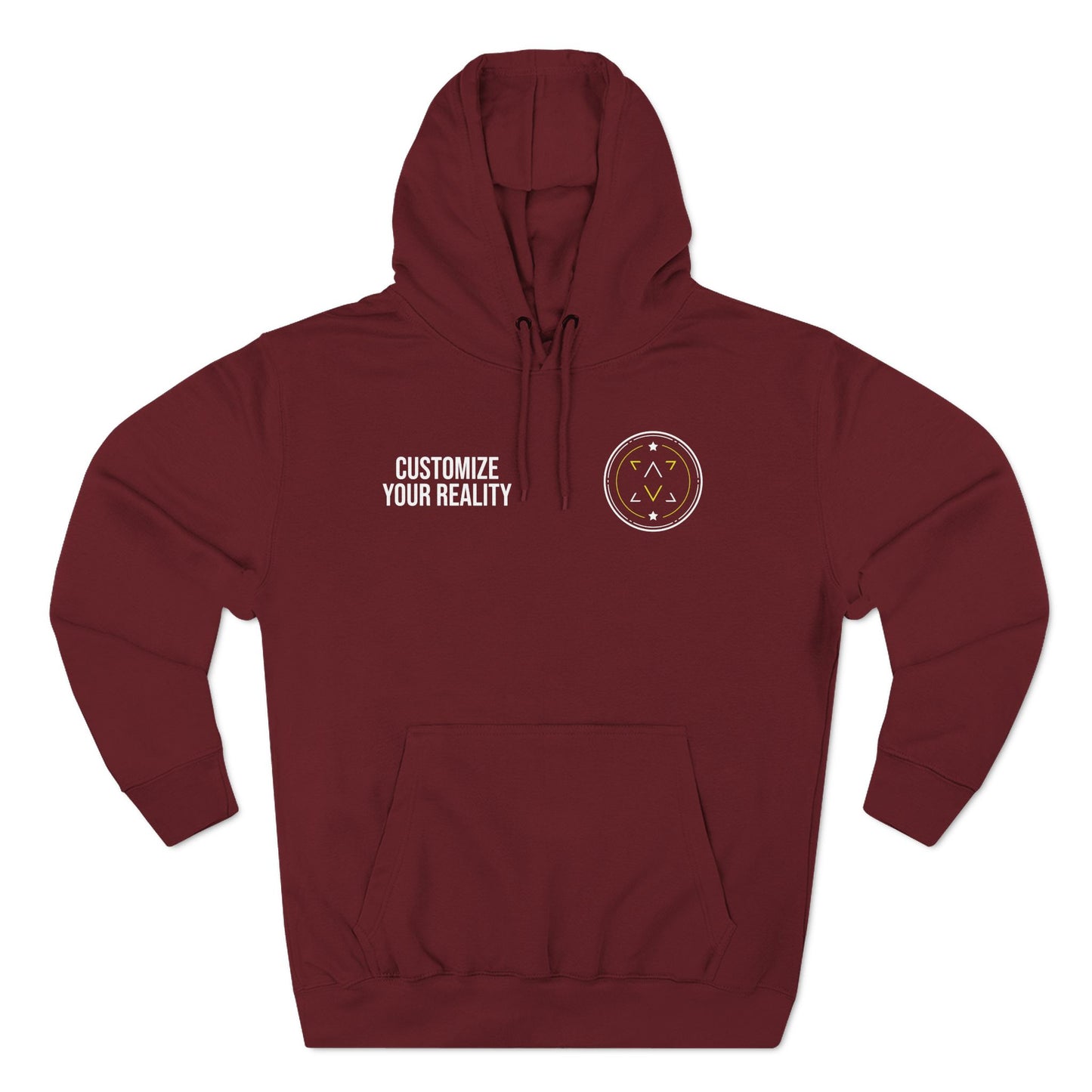 Burgundy custom Lucid Reality hoodie, front emblem with personalization zone, flat
