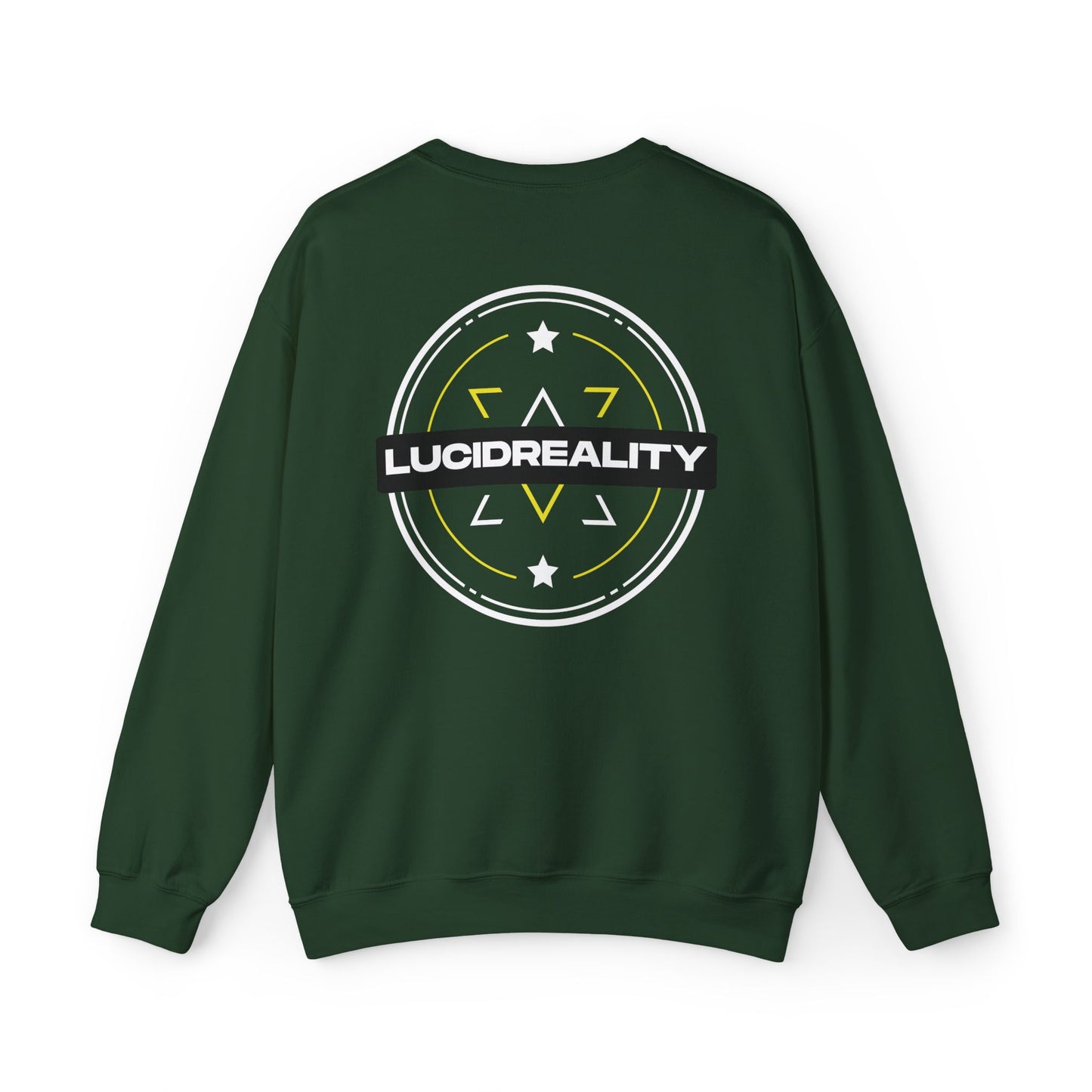 Forest green Lucid Reality crewneck, circular emblem back graphic, flat