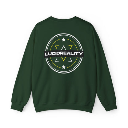 Forest green Lucid Reality crewneck, circular emblem back graphic, flat