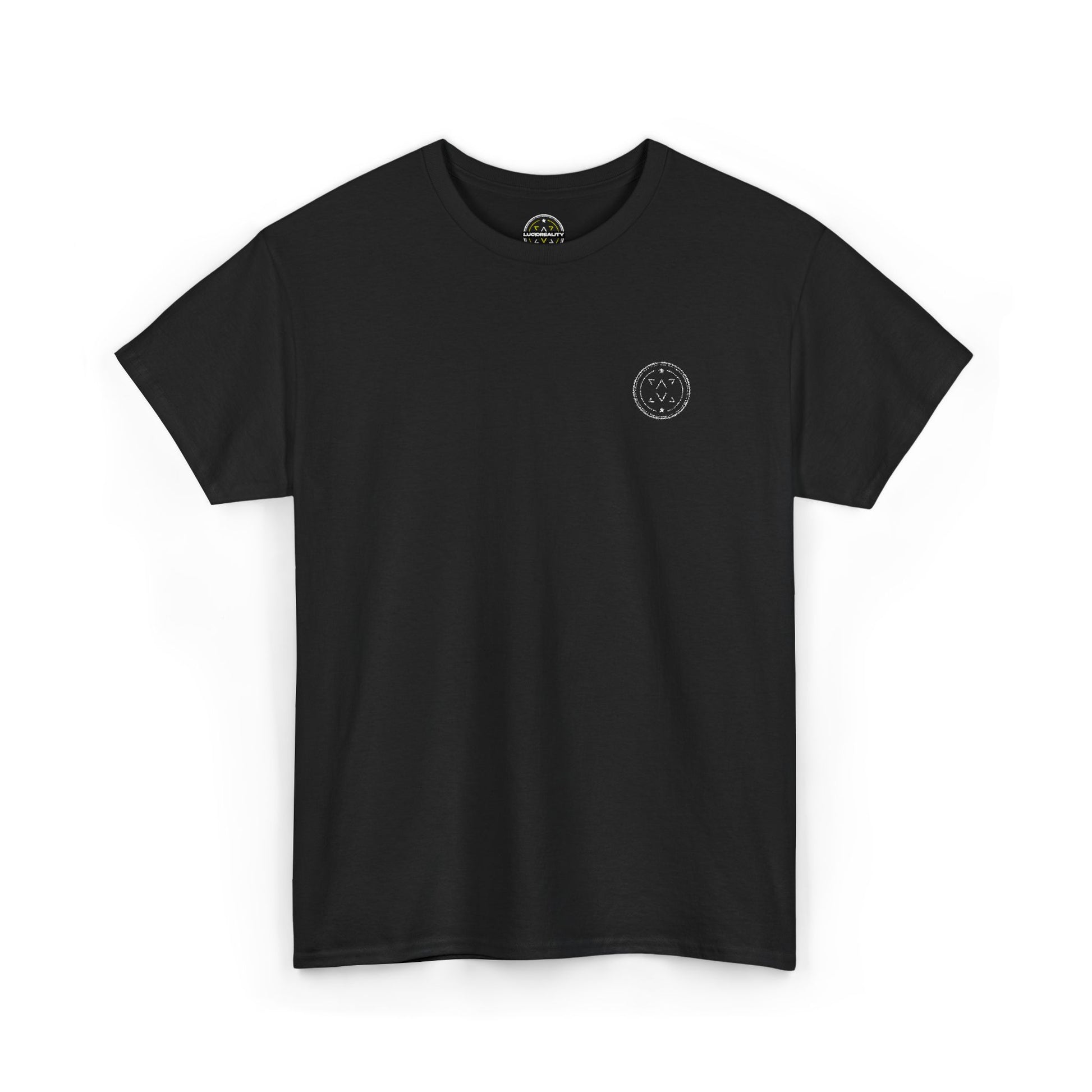 Front product mockup of the Lucid Reality Minimalist Embroidered Logo Tee