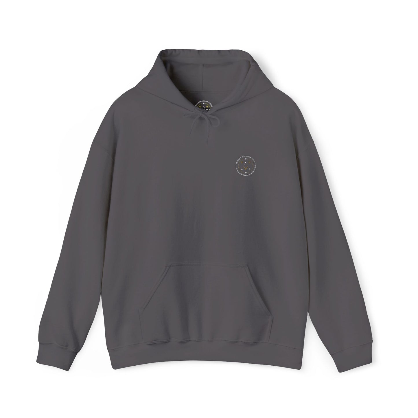 Front product mockup of the Lucid Reality Minimalist Embroidered Logo Hoodie – White & Gold