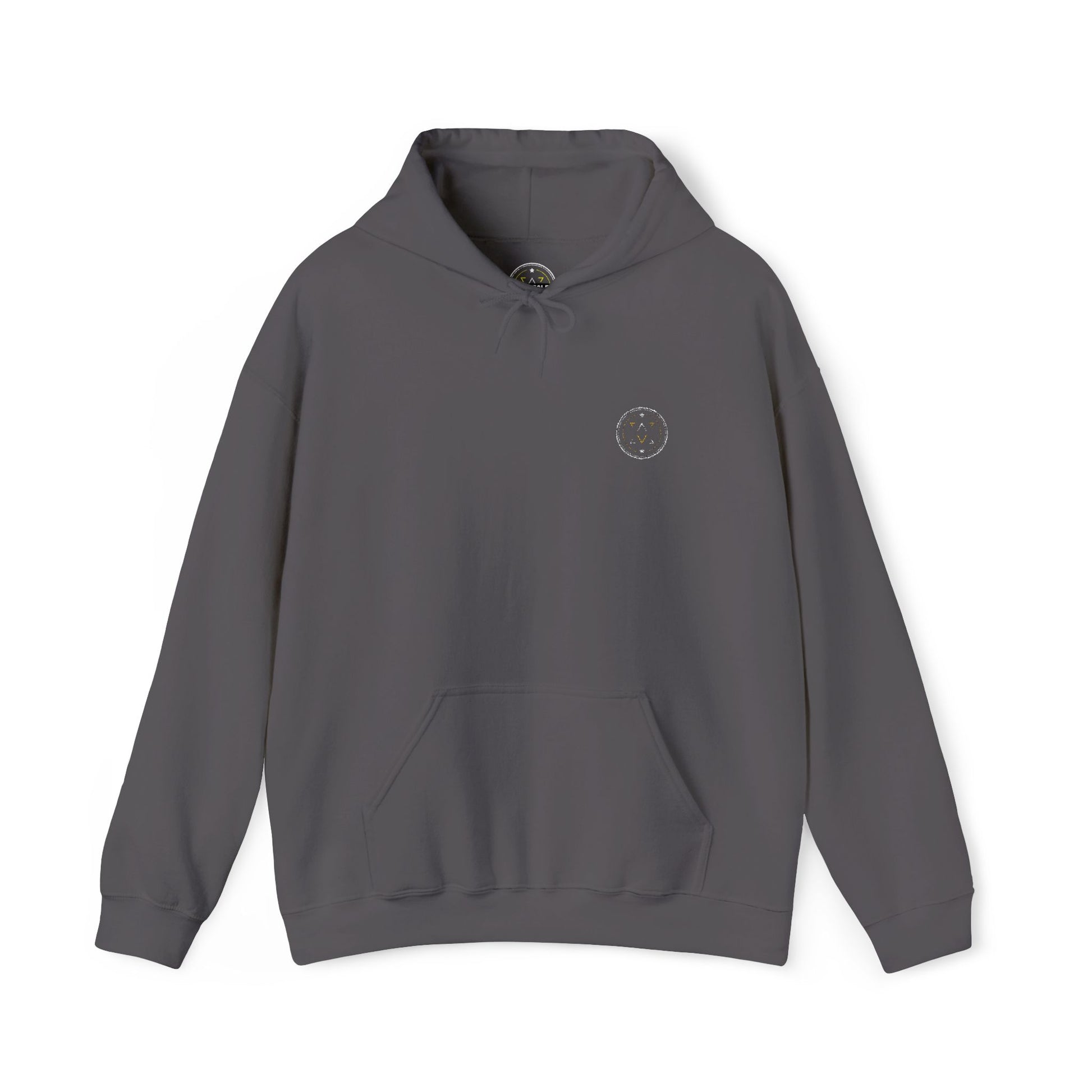 Front product mockup of the Lucid Reality Minimalist Embroidered Logo Hoodie – White & Gold