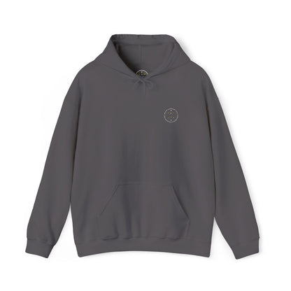 Front product mockup of the Lucid Reality Minimalist Embroidered Logo Hoodie – White & Gold