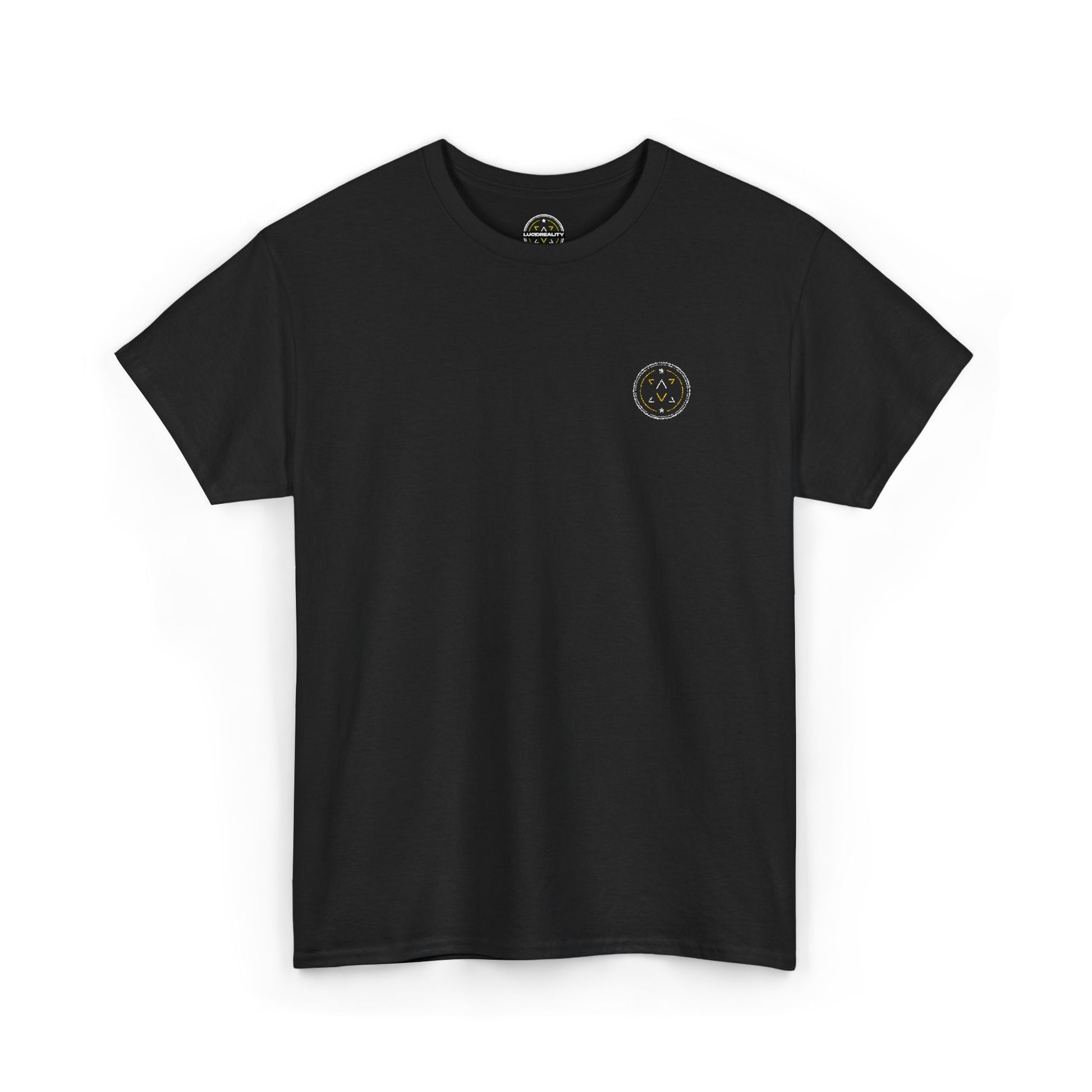 Front product mockup of the Lucid Reality Minimalist Embroidered Logo Tee – White & Gold