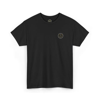 Front product mockup of the Lucid Reality Minimalist Embroidered Logo Tee – White & Gold