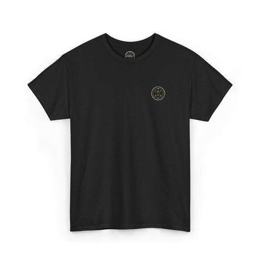 Front product mockup of the Lucid Reality Minimalist Embroidered Logo Tee – White & Gold