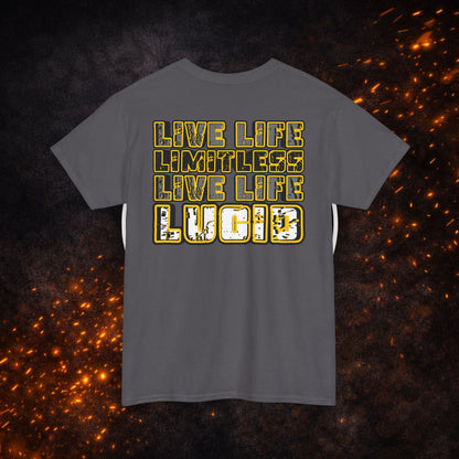 Back view of the dark gray "Live Life Limitless Live Life Lucid" Tee with gold text design.