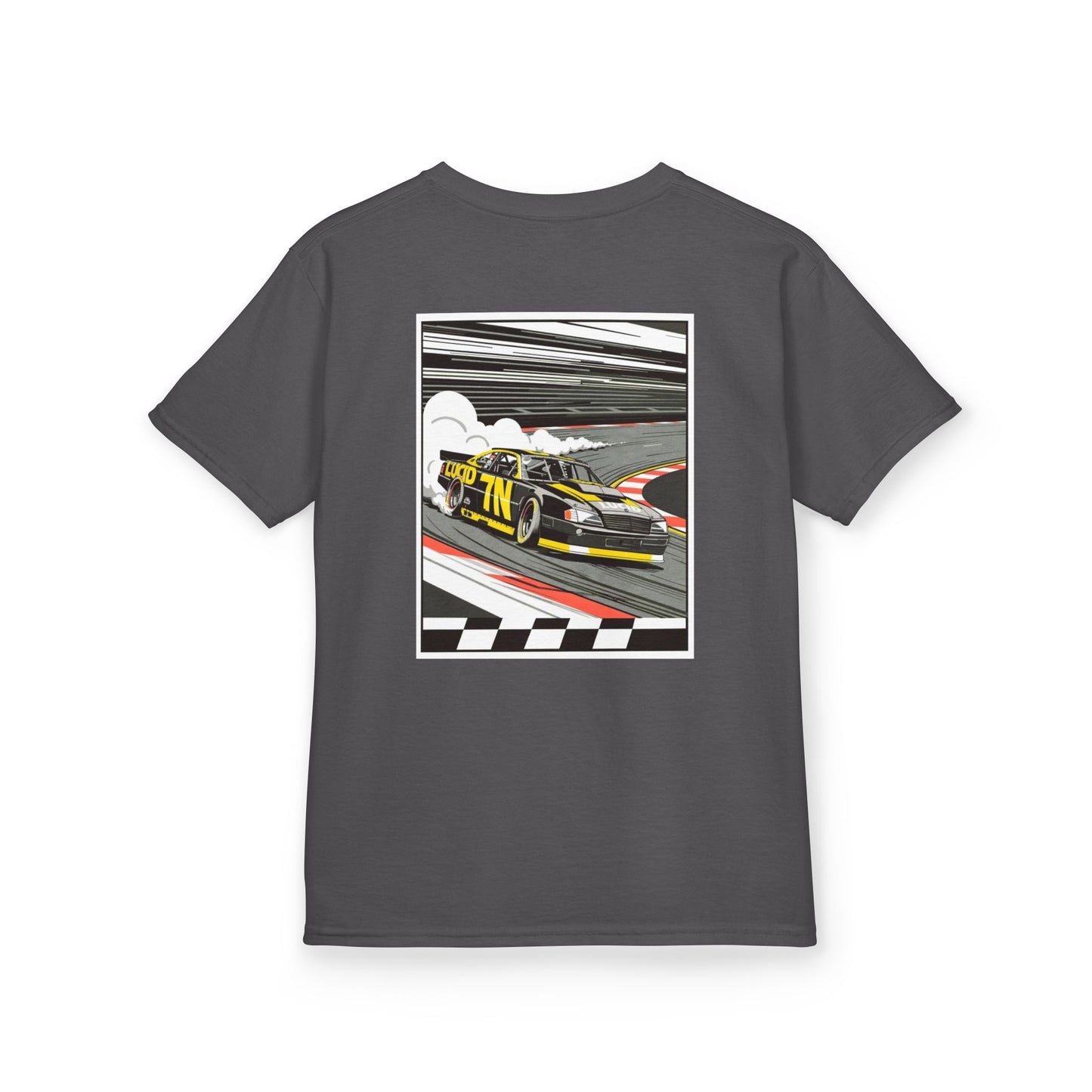 Charcoal Pro Stock Racing Kids Tee, back Pro Stock car graphic, flat lay