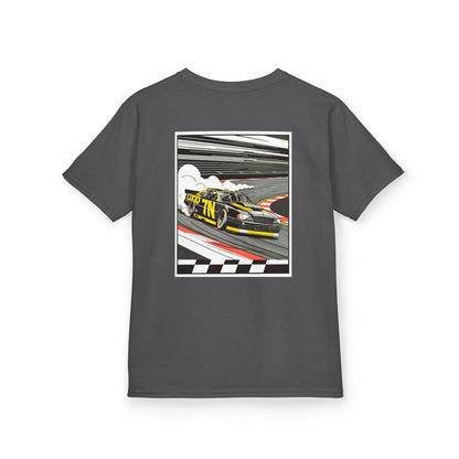 Charcoal Pro Stock Racing Kids Tee, back Pro Stock car graphic, flat lay